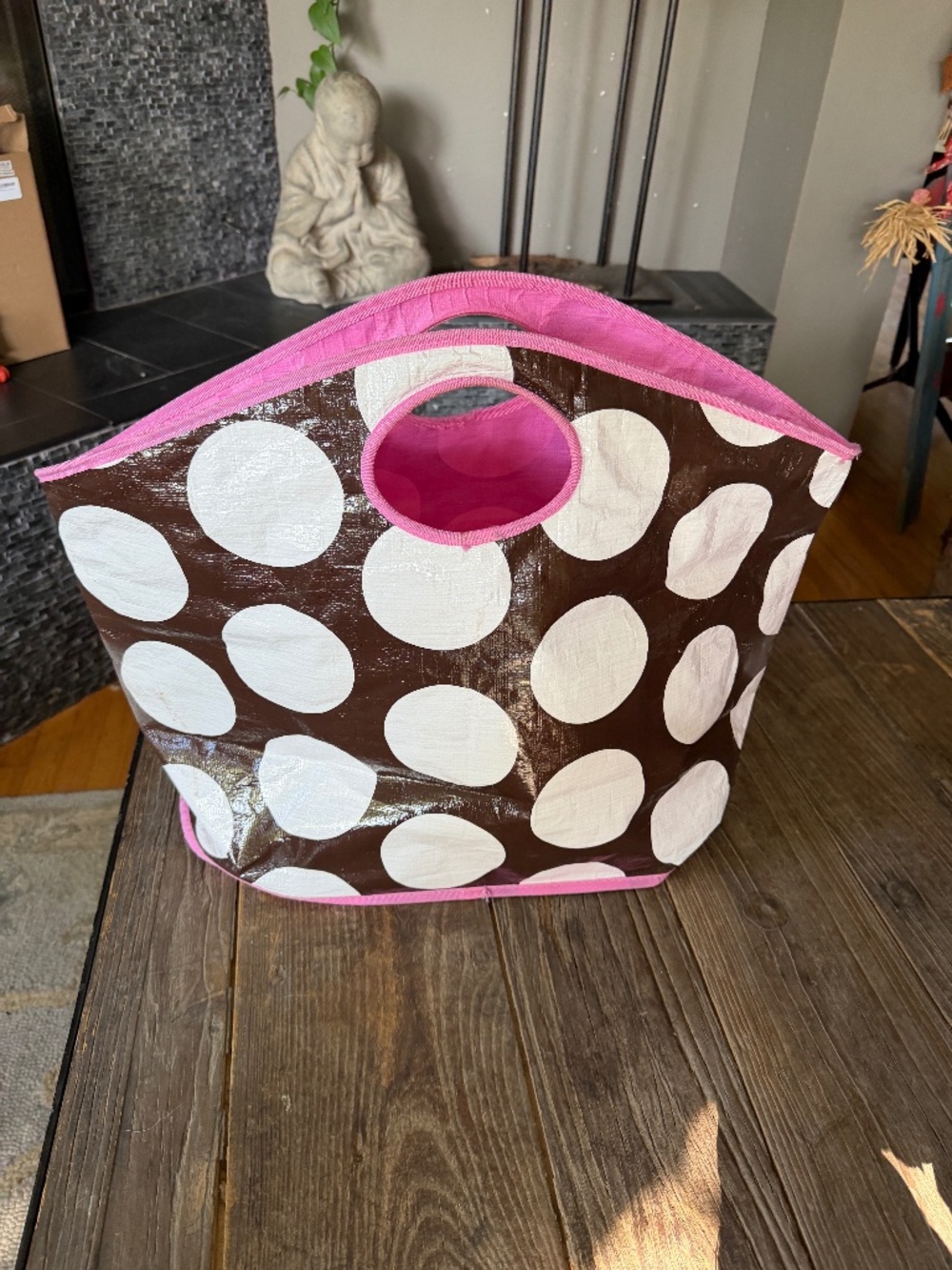 Brown & White Jumbo Polka Dot Tote Bag with Pink Trim